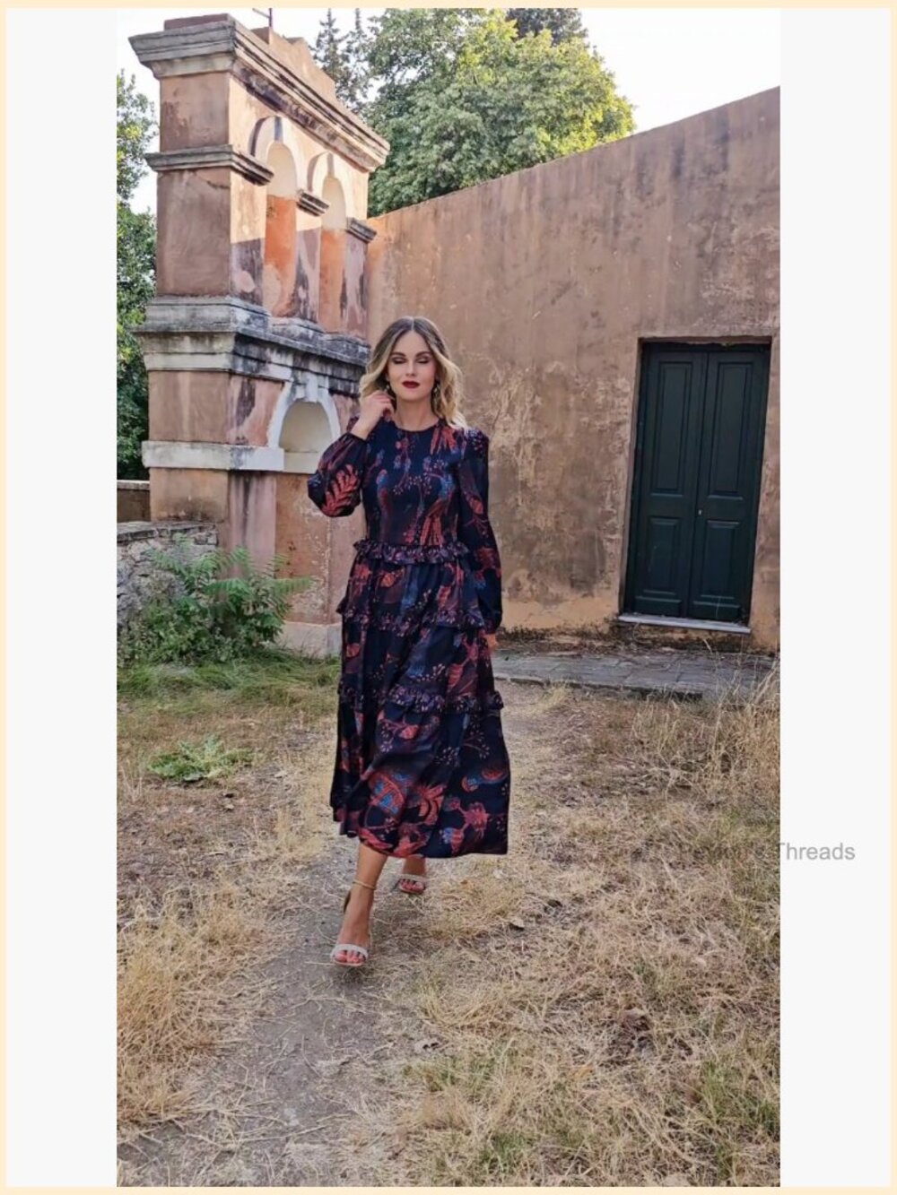 Women's Floral Smocked Maxi Dress Long Puff Sleeve Bohemian Tiered Ruffle - Picture 7 of 7